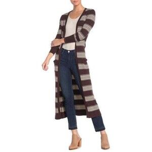Vertigo Longline Duster Cardigan Sweater L Striped Black/Coffee/Vanilla NWD B89